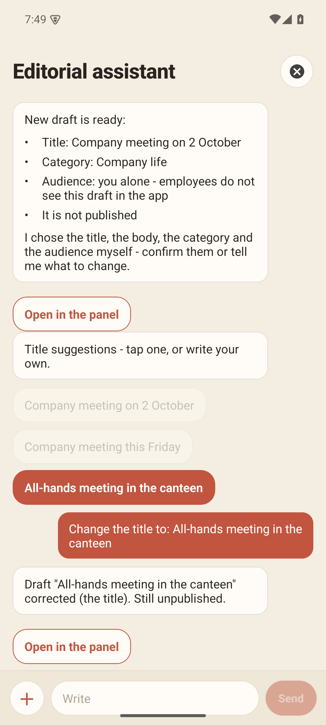 A conversation with the editor's assistant in the AllAbout app: the editor taps one of the suggested titles, the assistant renames the draft and confirms that it is still unpublished