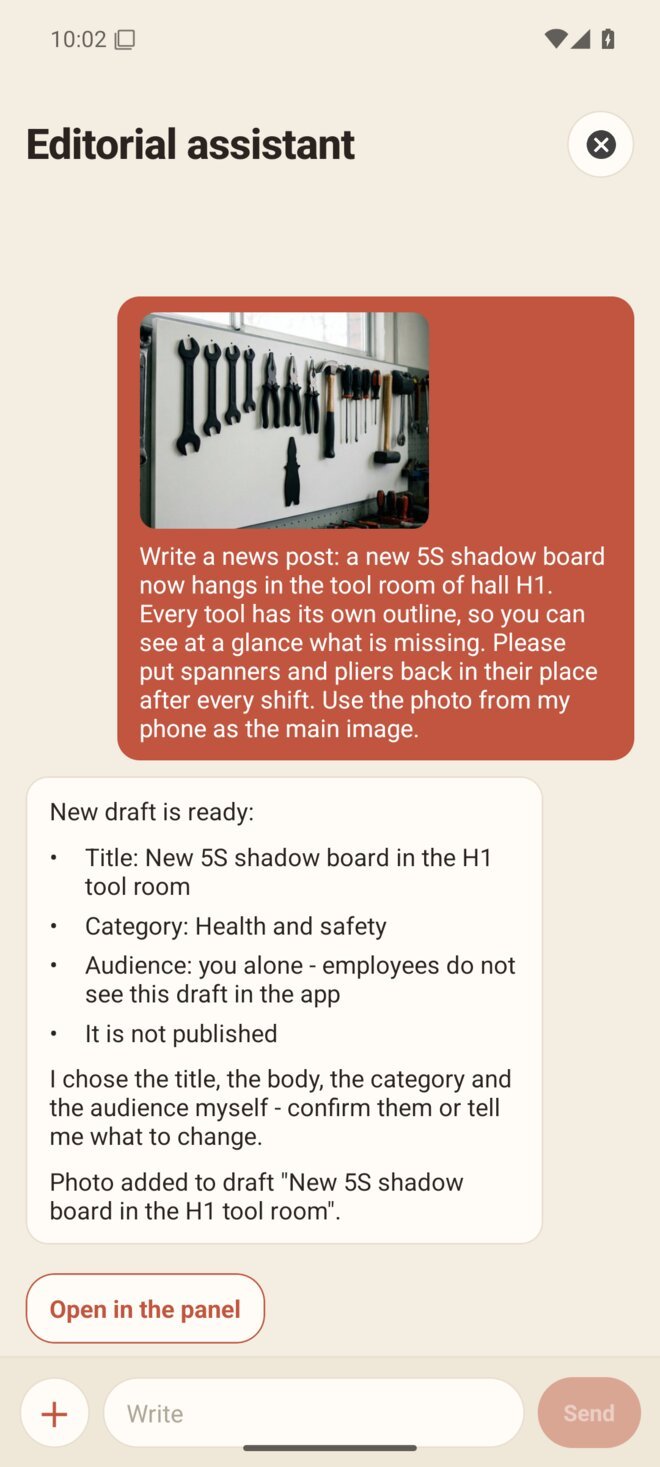 The editor sends the assistant a photo from their phone and the assistant creates a draft post