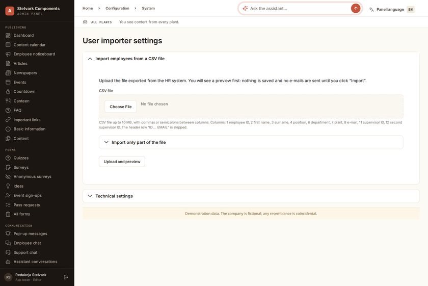 The HR data import screen in the panel
