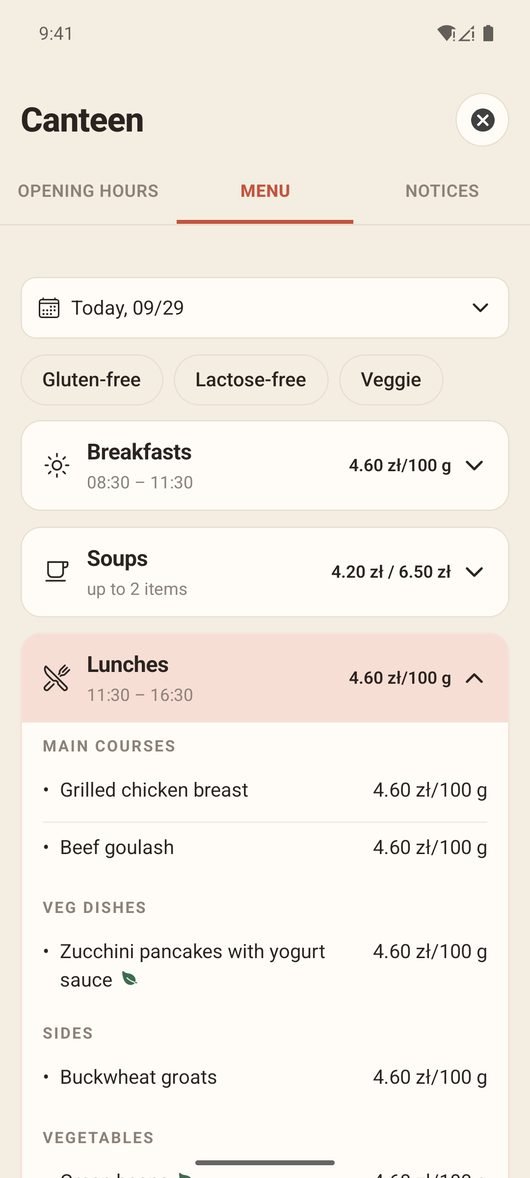 The day’s menu in the app with categories, serving times and prices