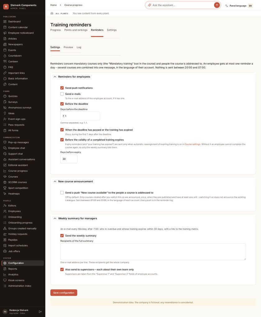 The training reminder settings in the panel, with channels and thresholds
