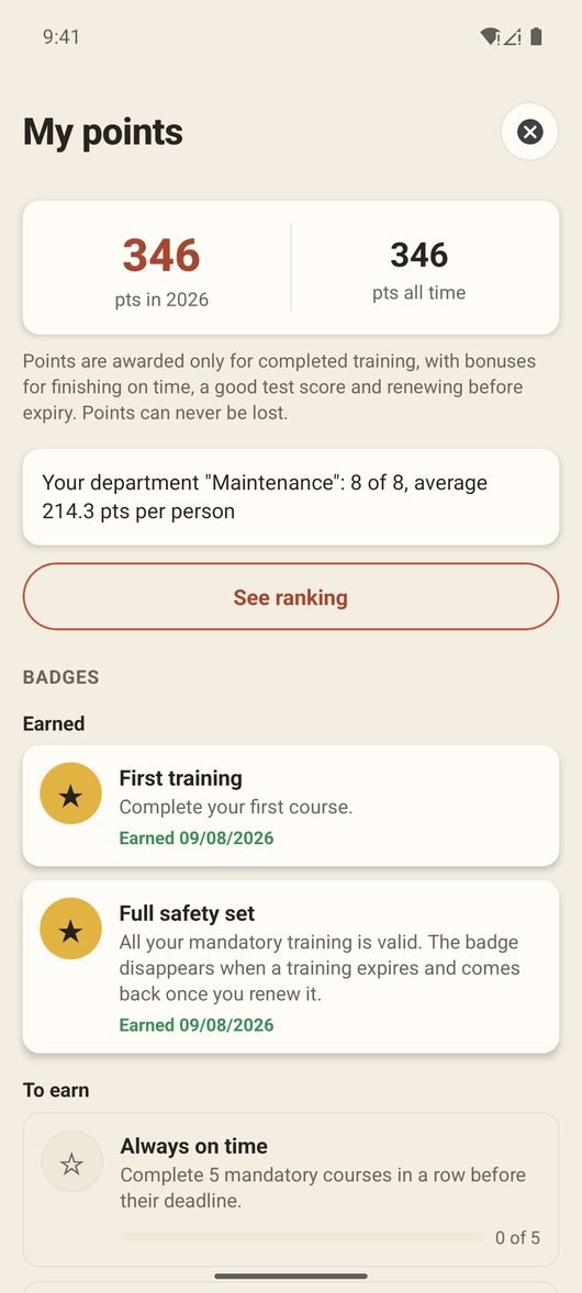 The points and badges screen in the app, with progress towards each badge