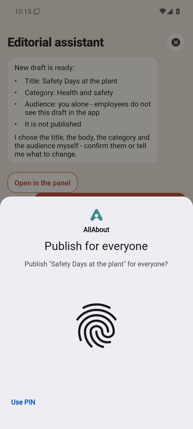 An illustration of the Android system dialog asking for a fingerprint, over the conversation with the assistant