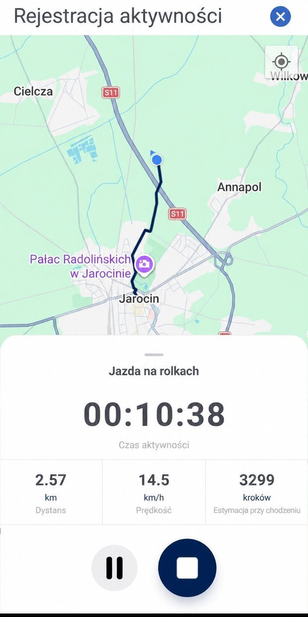 The activity tracking screen: the route drawing itself on the map, a timer, distance and speed