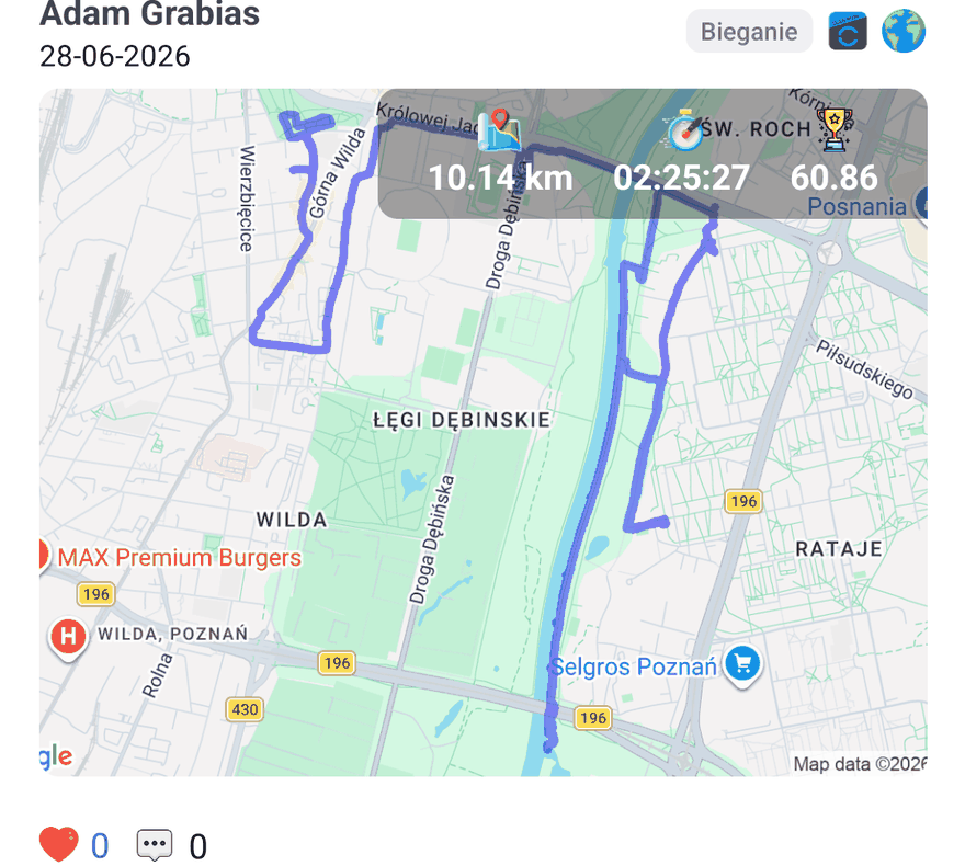 A saved running route on the map, 10.14 km in 2:25:27